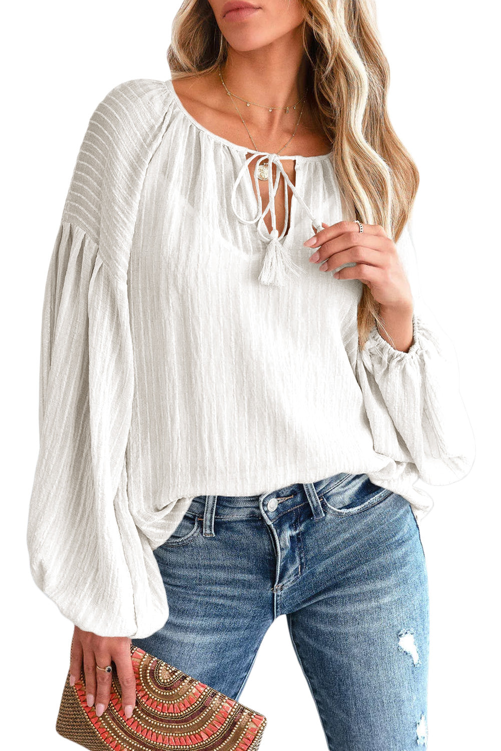 Brown Lantern Sleeve Tassel Drawstring Tie Blouse