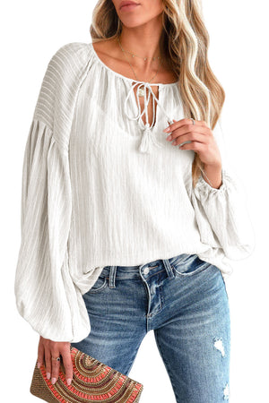 Brown Lantern Sleeve Tassel Drawstring Tie Blouse
