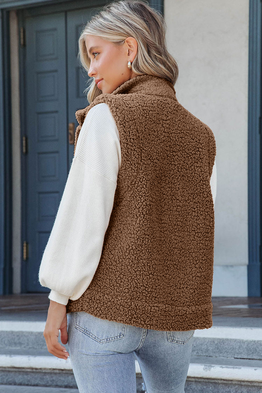 Green Snap Button Collared Stand Neck Sherpa Vest