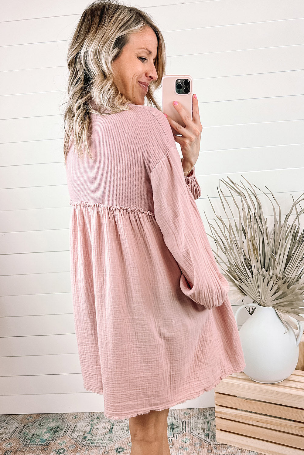 Black Ribbed and Crinkle Patchwork Puff Sleeve Shirt Dress