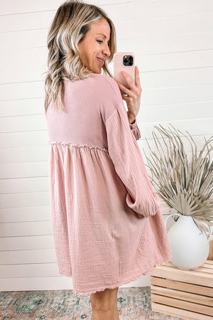 Black Ribbed and Crinkle Patchwork Puff Sleeve Shirt Dress