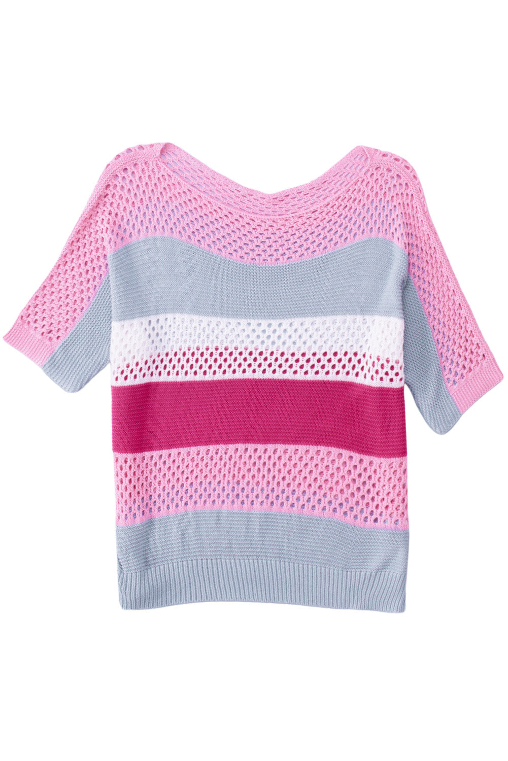Sky Blue Knitted Eyelet Colorblock Striped Half Sleeves Top