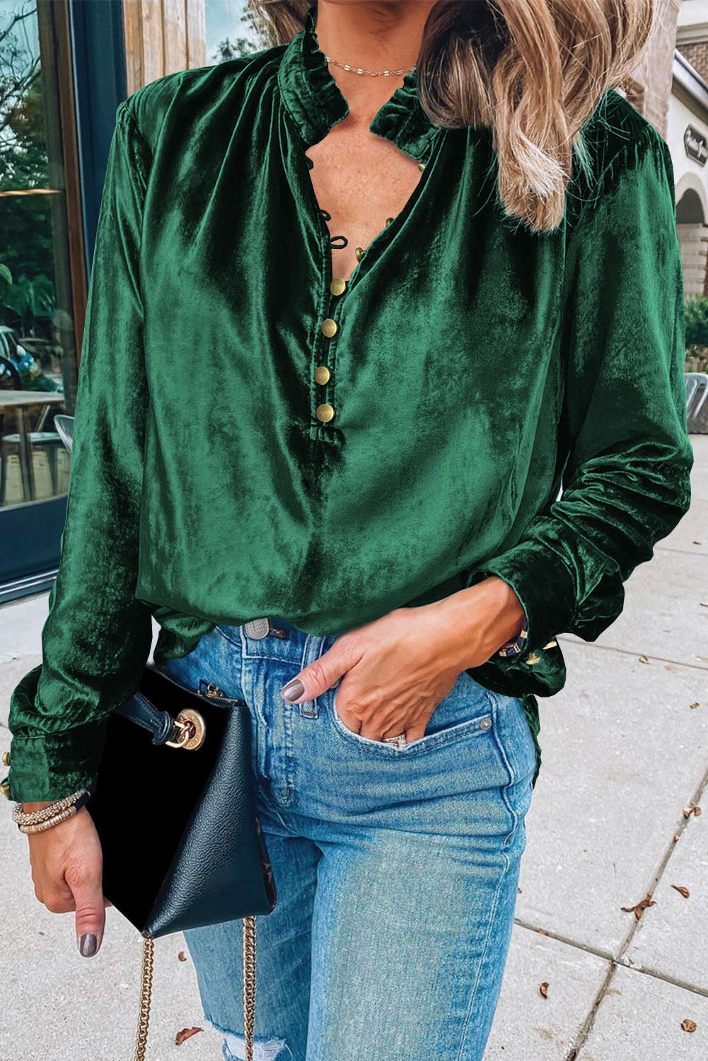 Black Frilled Neck Buttoned Front Velvet Top
