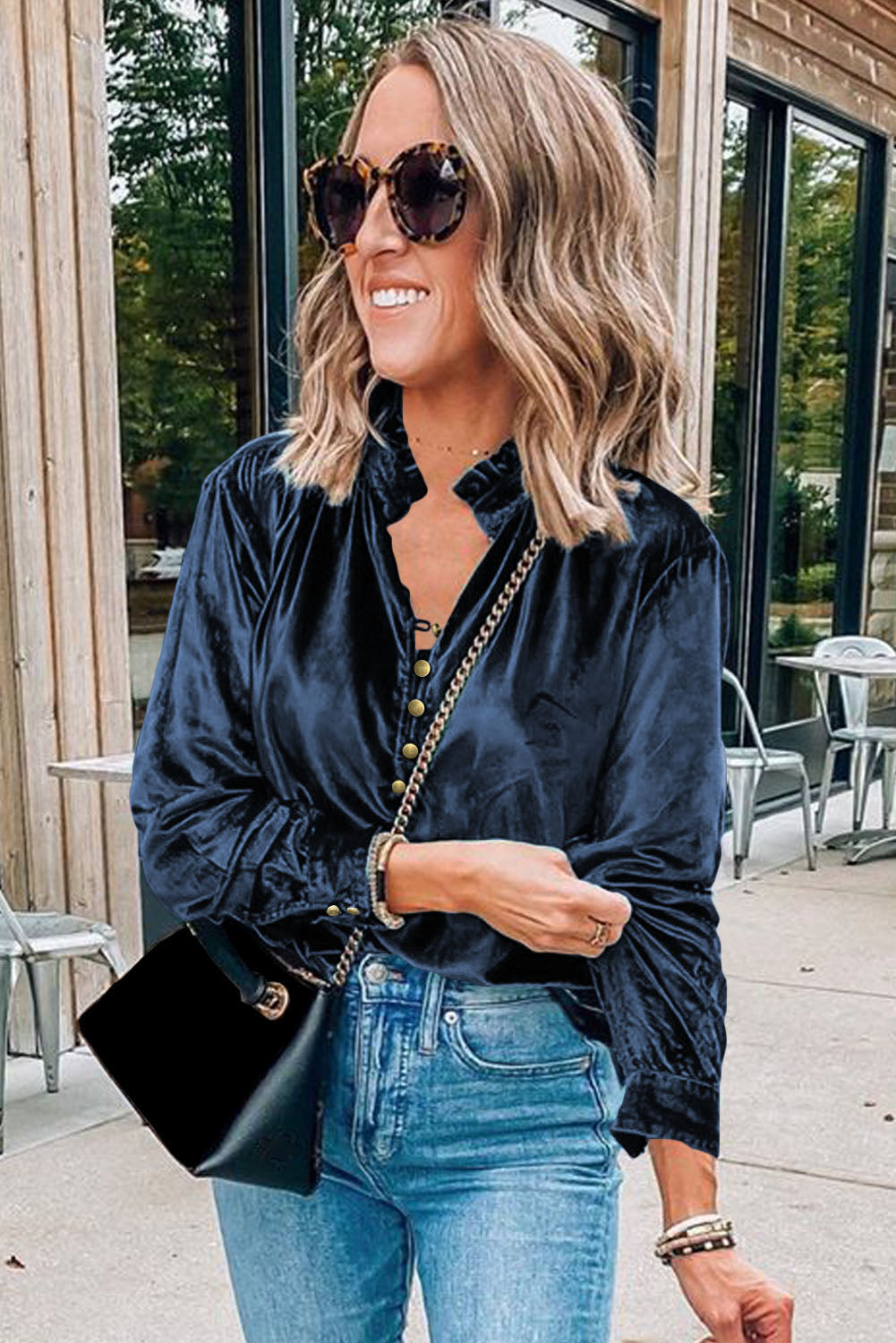 Black Frilled Neck Buttoned Front Velvet Top