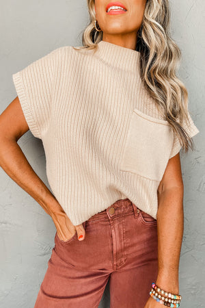 Green Patch Pocket Ribbed Knit Short Sleeve Sweater