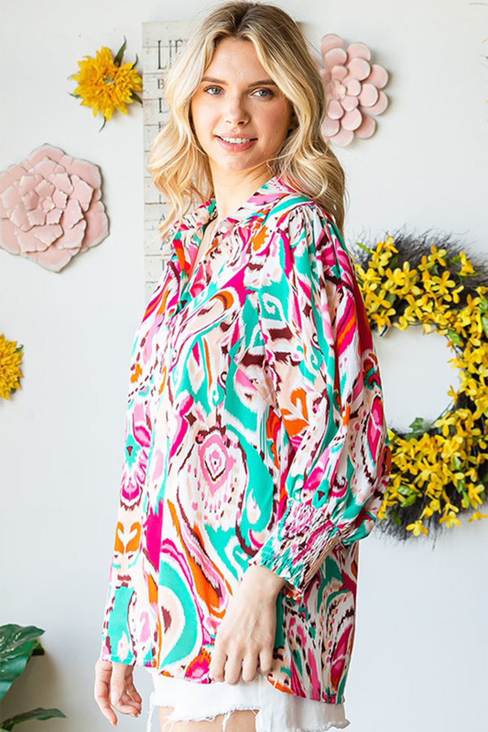 Sky Blue Paisley Print Lantern Sleeve Shirred Cuffs Blouse