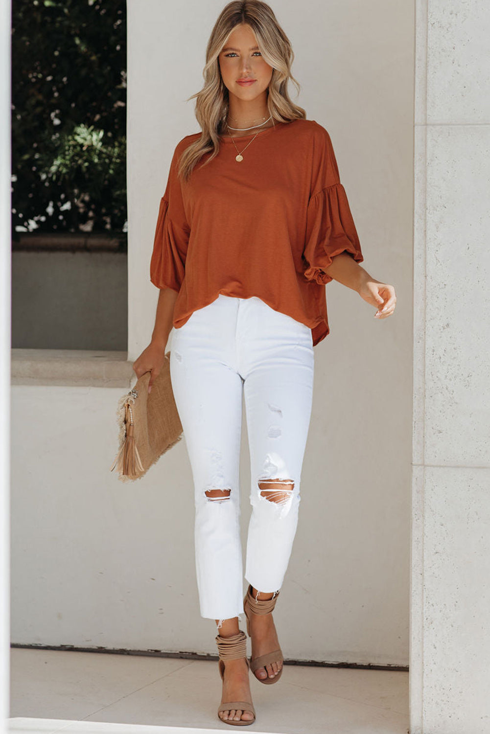 White Solid Color Casual Bubble Sleeve Blouse