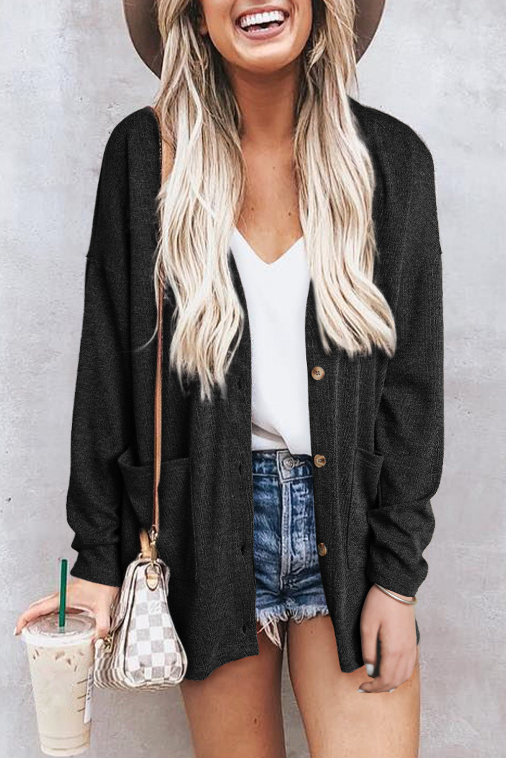 Grey Pocketed Casual Button Front Knit Cardigan