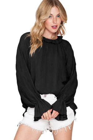 Black Crinkle Frilled Neck Pleated Long Sleeve Blouse