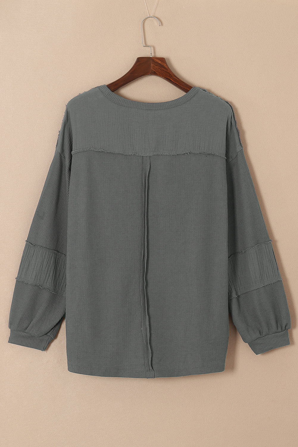 Black Waffle and Crinkle Patchwork Long Sleeve Top