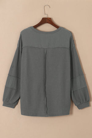Black Waffle and Crinkle Patchwork Long Sleeve Top