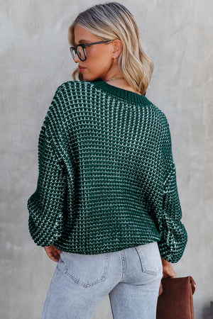 Green Heathered Knit Drop Shoulder Lantern Sleeve Sweater