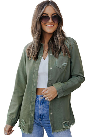 Green Casual Ripped Raw Hem Button Up Denim Shacket