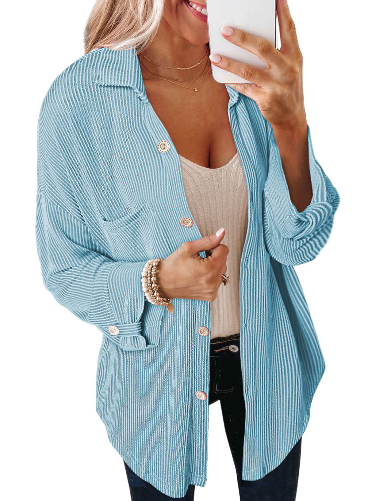 Pink Solid Color Textured Roll Tab Sleeve Shirt Shacket