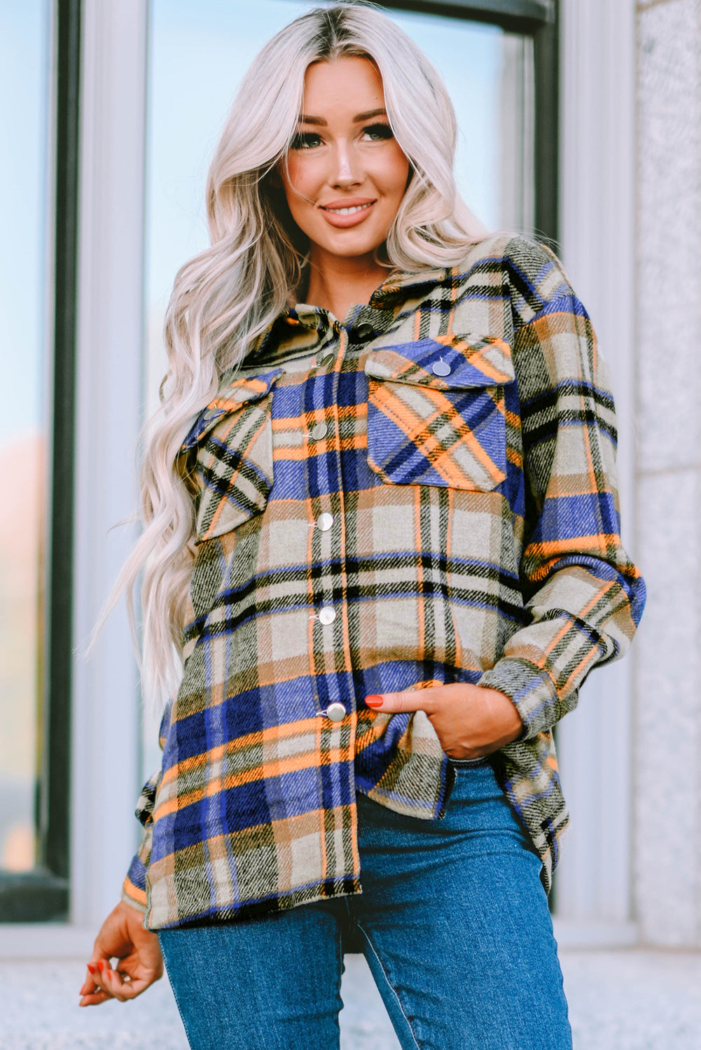 Brown Plaid Button Up Long Sleeve Flannel Jacket