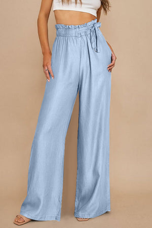 Blue High Waist Pocketed Wide Leg Tencel Jeans