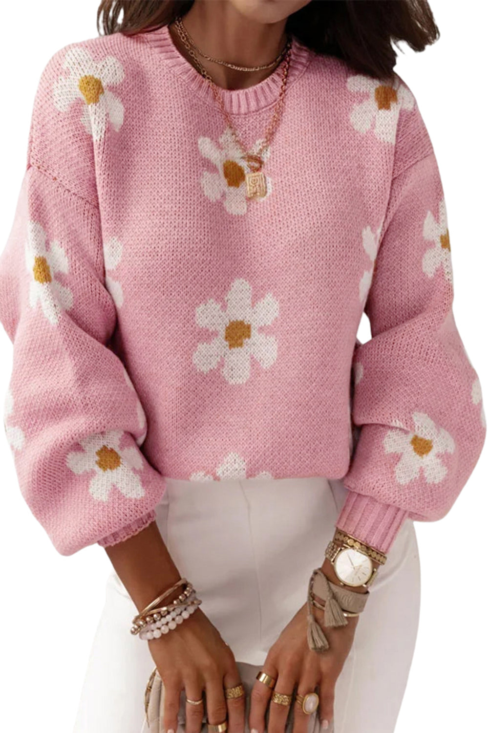 Black Floral Pattern Drop Shoulder Knit Sweater