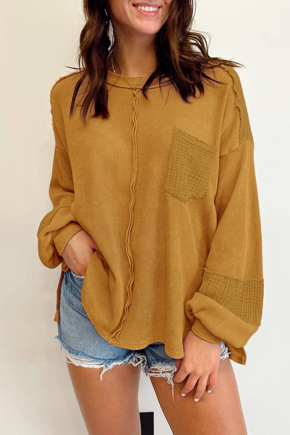 Black Waffle and Crinkle Patchwork Long Sleeve Top