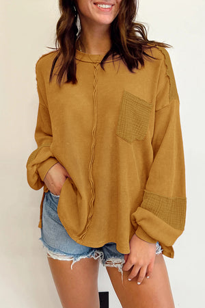 Black Waffle and Crinkle Patchwork Long Sleeve Top