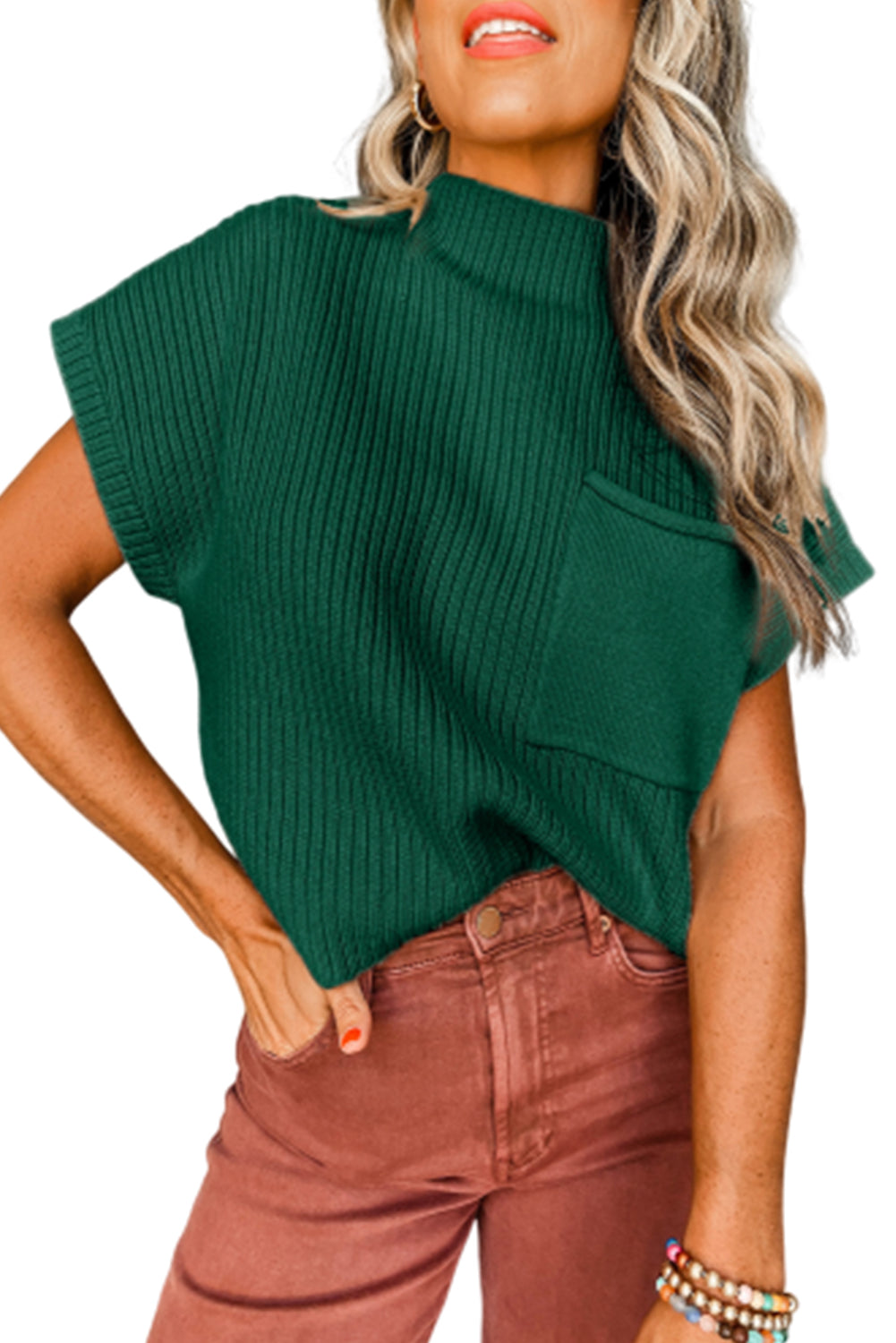 Green Patch Pocket Ribbed Knit Short Sleeve Sweater