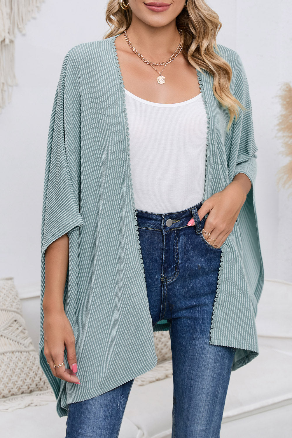 Black Textured Lace Trim Open Front Kimono Cardigan