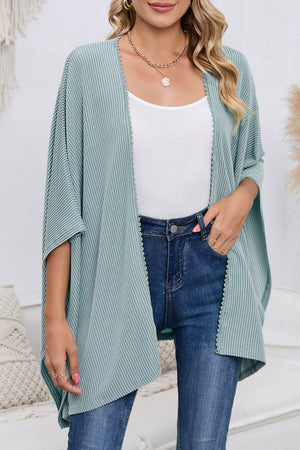 Black Textured Lace Trim Open Front Kimono Cardigan