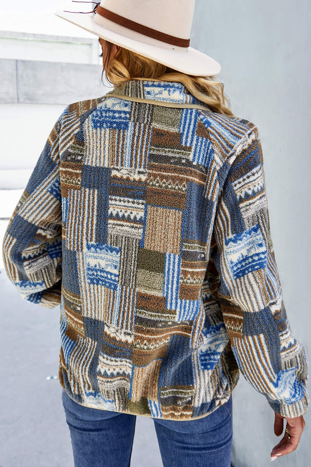 Black Geometric Colorblock Colorblock Snap Button Sherpa Jacket