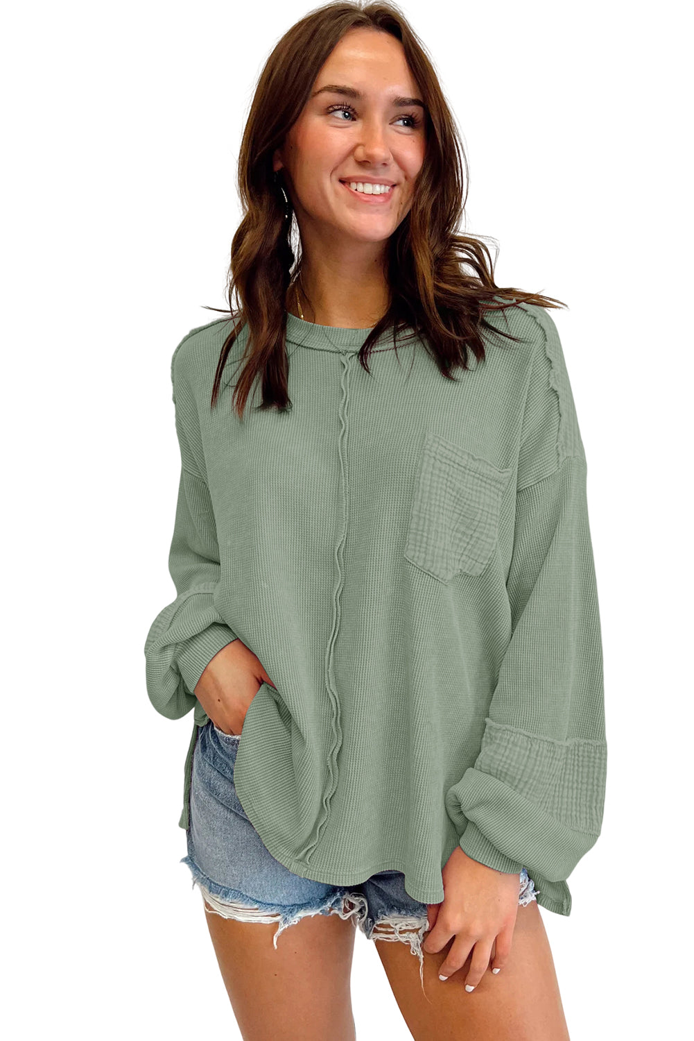 Black Waffle and Crinkle Patchwork Long Sleeve Top