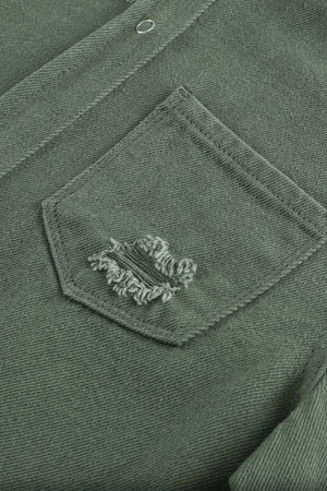 Green Casual Ripped Raw Hem Button Up Denim Shacket