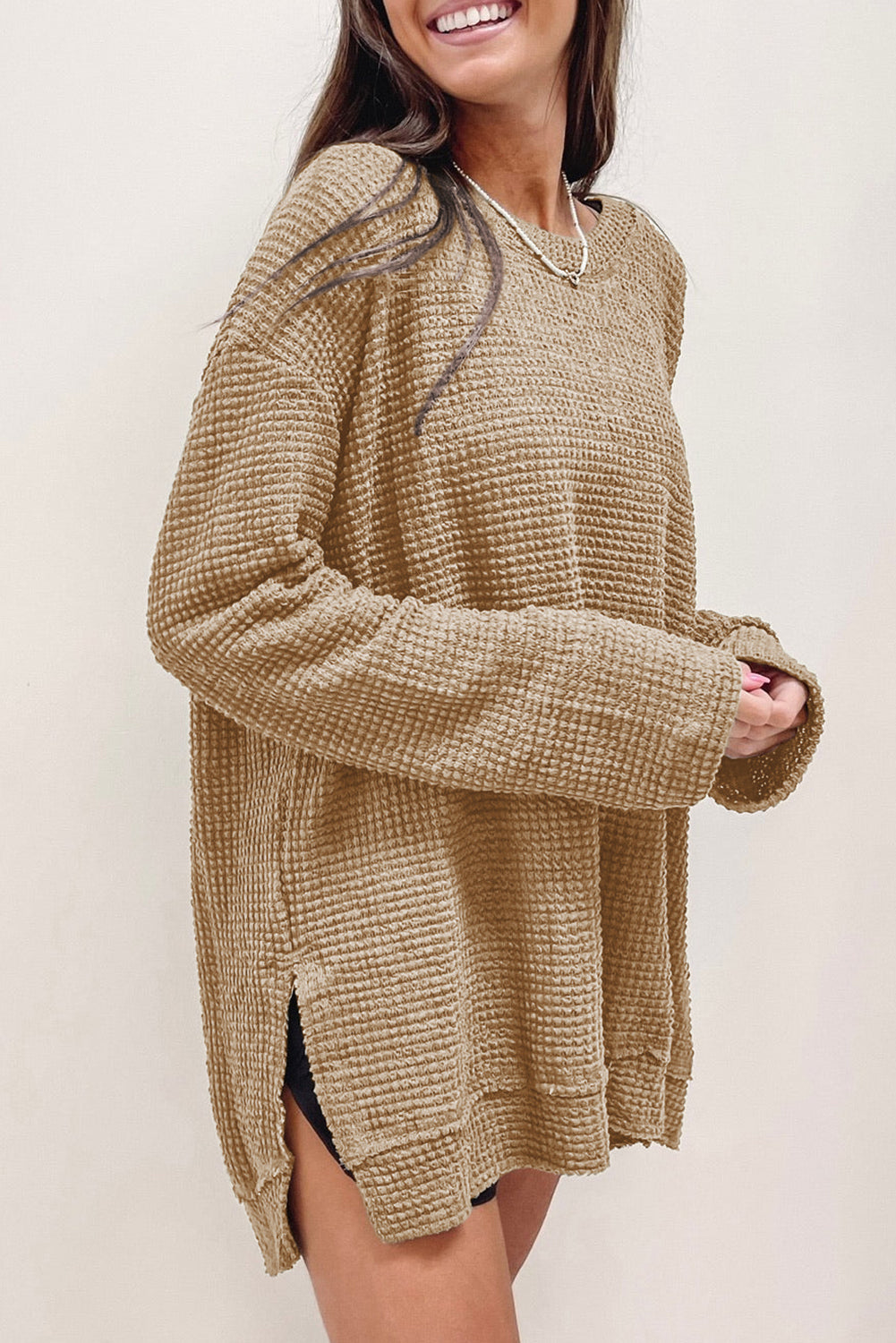 Black Plain Waffle Knit Drop Sleeve Side Slits Oversized Top
