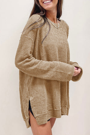 Black Plain Waffle Knit Drop Sleeve Side Slits Oversized Top
