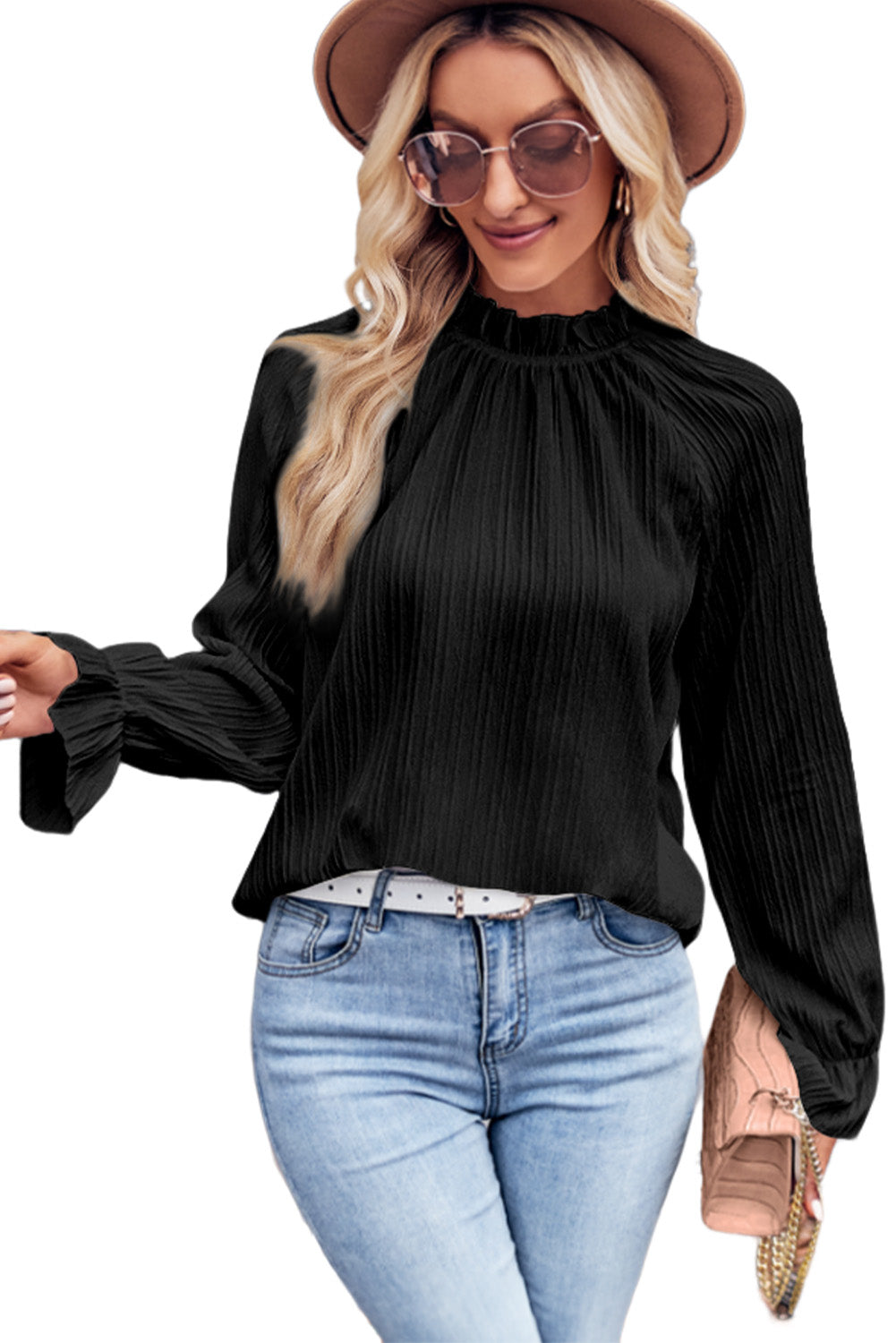 Black Frilled Mock Neck Bubble Sleeve Pleated Blouse