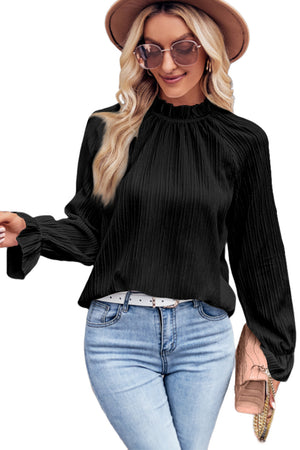Black Frilled Mock Neck Bubble Sleeve Pleated Blouse