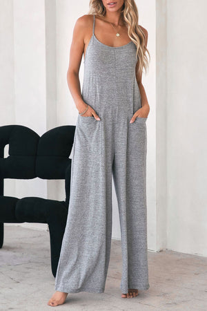 Gray Patch Pockets Spaghetti Strap Wide Leg Jumpsuit