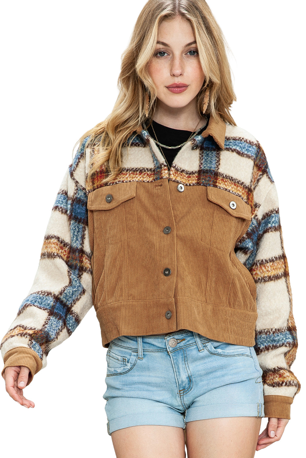 Green Plaid Corduroy Flap Pockets Boxy Chunky Jacket