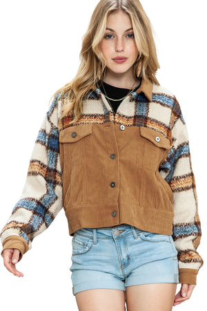 Green Plaid Corduroy Flap Pockets Boxy Chunky Jacket