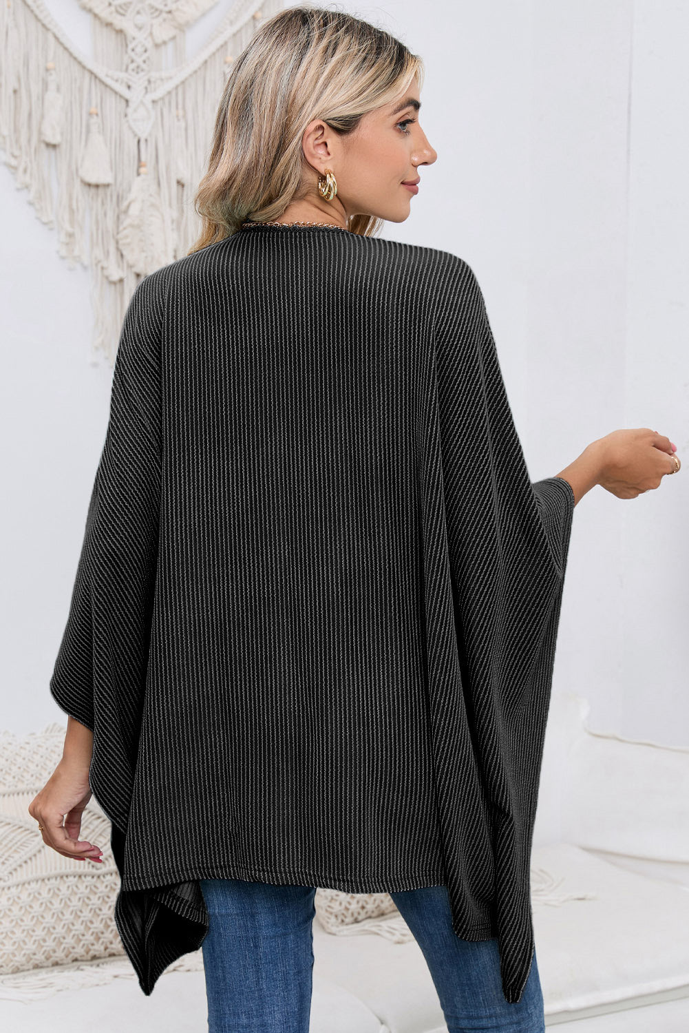Black Textured Lace Trim Open Front Kimono Cardigan