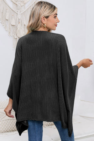 Black Textured Lace Trim Open Front Kimono Cardigan