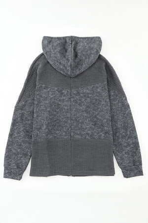 Khaki Dark Washed Patchwork Zip Up Hooded Jacket