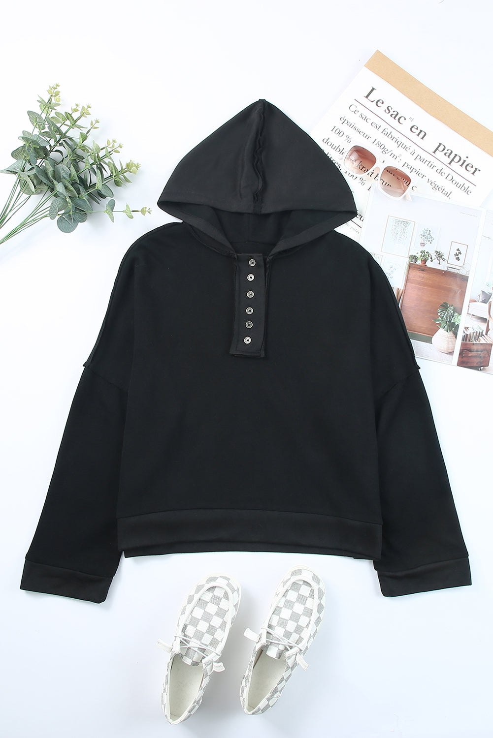 Orange Basic & Casual Button Front Pullover Hoodie