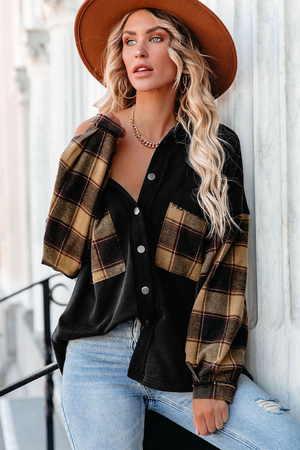 Rose Plaid Patchwork Chest Pockets Oversized Shirt Shacket