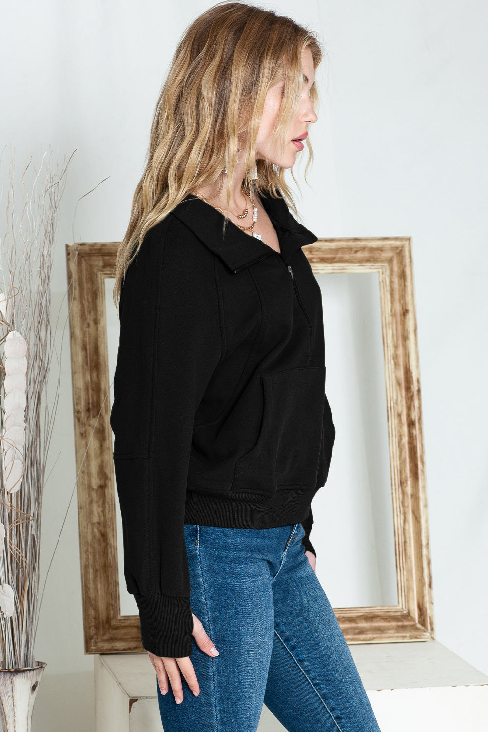 Green Zip Up Stand Collar Ribbed Thumbhole Sleeve Sweatshirt