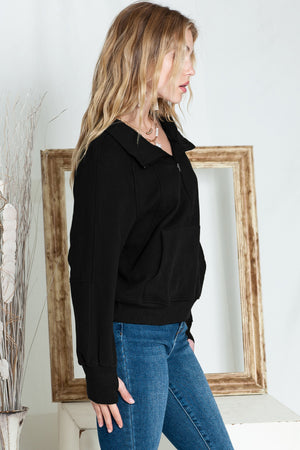 Green Zip Up Stand Collar Ribbed Thumbhole Sleeve Sweatshirt