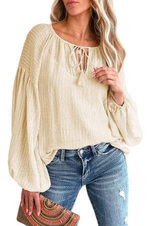 Brown Lantern Sleeve Tassel Drawstring Tie Blouse