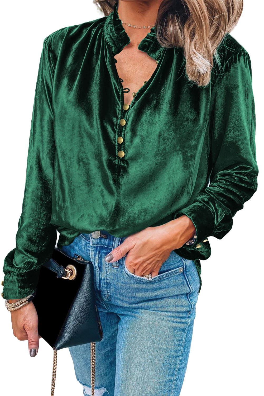 Black Frilled Neck Buttoned Front Velvet Top