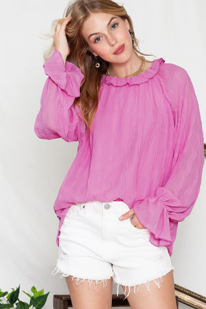 Black Crinkle Frilled Neck Pleated Long Sleeve Blouse