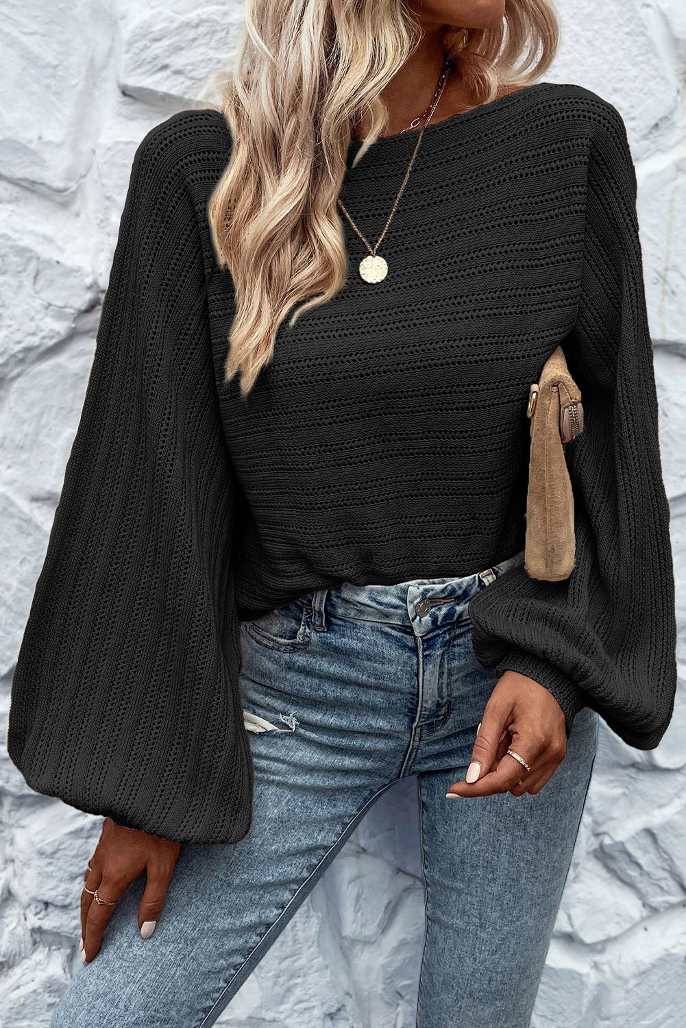Black Lantern Sleeve Eyelets Knit Sweater