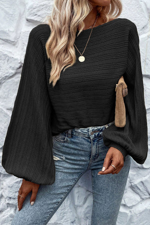 Black Lantern Sleeve Eyelets Knit Sweater