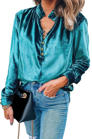 Black Frilled Neck Buttoned Front Velvet Top