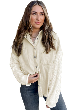 Green Cable Knit Patchwork Sleeve Raw Hem Shacket